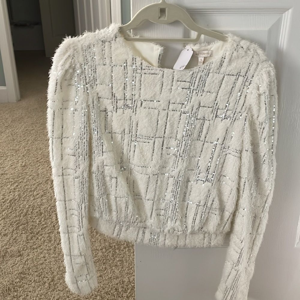 Cream and Silver Sparkle Fuzzy Festive Sweater